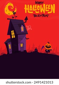 Halloween haunted house cartoon illustration. Vector horror scary mansion on the night background with moon. Party poster.