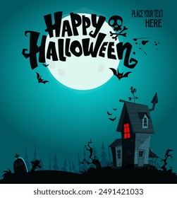 Halloween haunted house cartoon illustration. Vector horror scary mansion on the night background with moon. Party poster.