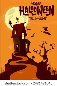 Halloween haunted house cartoon illustration. Vector horror scary mansion on the night background with moon. Party poster.