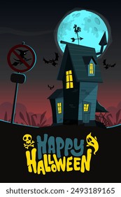 Halloween haunted house cartoon illustration. Vector horror scary mansion on the night background with moon. Party poster.