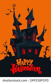 Halloween haunted house cartoon illustration. Vector horror scary mansion on the night background with moon. Party poster.