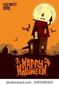 Halloween haunted house cartoon illustration. Vector horror scary mansion on the night background with moon. Party poster.