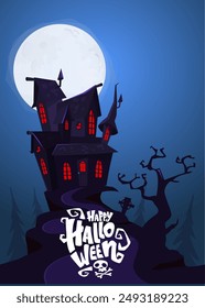 Halloween haunted house cartoon illustration. Vector horror scary mansion on the night background with moon. Party poster.