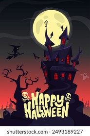 Halloween casa embrujada ilustración de dibujos animados. Vector horror mansión de miedo en el fondo de la noche con la luna. Cartel de la fiesta.