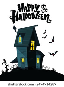 Halloween haunted house cartoon illustration. Vector horror scary mansion on the night background with moon. Party poster.