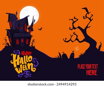 Halloween haunted house cartoon illustration. Vector horror scary mansion on the night background with moon. Party poster.