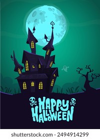 Halloween haunted house cartoon illustration. Vector horror scary mansion on the night background with moon. Party poster.