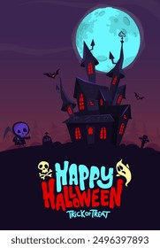 Halloween haunted house cartoon illustration. Vector horror scary mansion on the night background with moon. Party poster.