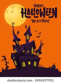 Halloween haunted house cartoon illustration. Vector horror scary mansion on the night background with moon. Party poster.