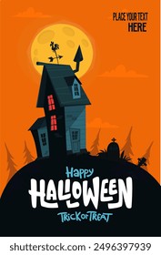 Ilustración de dibujos animados de casa encantada de Halloween. Vector de terror de miedo mansión en el fondo de la noche con la luna. Afiche de la fiesta.