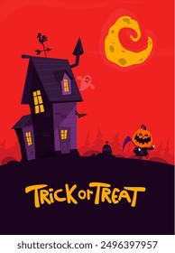 Halloween haunted house cartoon illustration. Vector horror scary mansion on the night background with moon. Party poster.