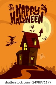 Halloween haunted house cartoon illustration. Vector horror scary mansion on the night background with moon. Party poster.