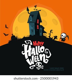 Halloween haunted house cartoon illustration. Vector horror scary mansion on the night background with moon. Party poster.