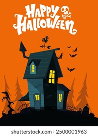 Halloween haunted house cartoon illustration. Vector horror scary mansion on the night background with moon. Party poster.