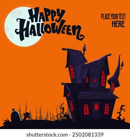 Halloween haunted house cartoon illustration. Vector horror scary mansion on the night background with moon. Party poster.