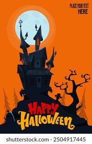 Halloween haunted house cartoon illustration. Vector horror scary mansion on the night background with moon. Party poster.