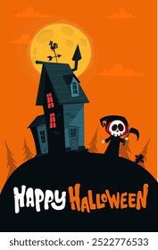 Halloween haunted house cartoon illustration. Horror scary mansion on the night background with moon. Party poster