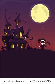 Halloween haunted house cartoon illustration. Horror scary mansion on the night background with moon. Party poster