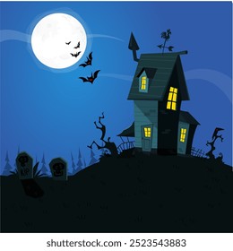 Ilustração de desenho animado de casa assombrada do Halloween. Terror mansão assustadora no fundo da noite com lua. Cartaz do grupo