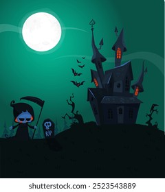 Halloween haunted house cartoon illustration. Horror scary mansion on the night background with moon. Party poster