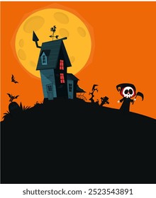 Ilustração de desenho animado de casa assombrada do Halloween. Terror mansão assustadora no fundo da noite com lua. Cartaz do grupo