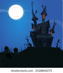 Ilustração de desenho animado de casa assombrada do Halloween. Terror mansão assustadora no fundo da noite com lua. Cartaz do grupo