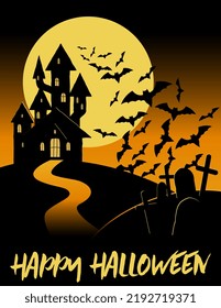 Halloween haunted house with cemetery and full moon. Moon night background with witch castle and flying bats. 