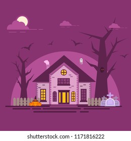 Halloween haunted house.Old cemetery gravestone.Spooks and pumpkin,bat flat vector.