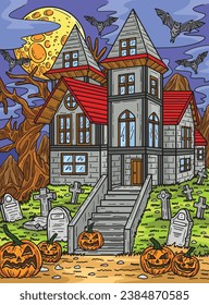 Halloween Haunted House Colored Cartoon 