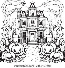 Halloween Haunted House Coloring Book Page Illustration