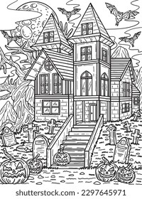 Halloween Haunted House Coloring Page for Adults