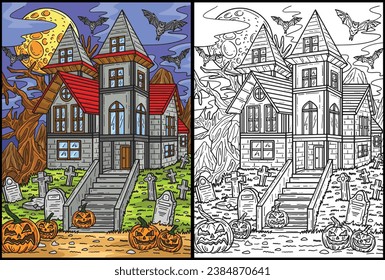 Halloween Haunted House Coloring Page Illustration