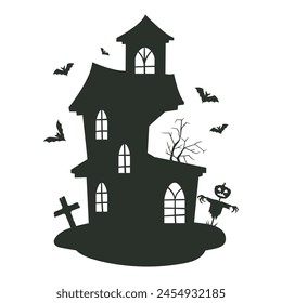 Halloween haunted house. Creepy ghost house silhouette, horror house with ghosts flat vector illustration. Spooky monsters haunted house