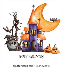 Halloween Haunted house with a crescent moon. Happy Halloween, watercolor vector illustration
