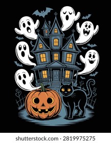 Halloween Haunted House and Cute Ghosts Artwork.