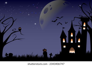 Halloween Haunted House or dark castle on deep blue sky background. Halloween symbols witch owl, pumpkin, full moon and flying bat.