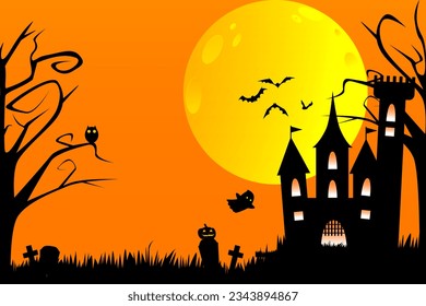 Halloween Haunted House or dark castle on orange sky background. Halloween symbols witch owl, pumpkin, full moon, ghost and flying bat.