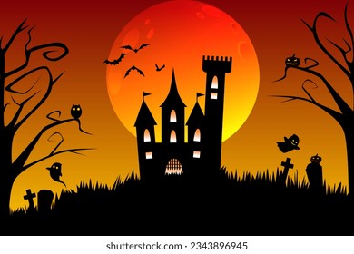 Halloween Haunted House or dark castle on orange sky background. Halloween symbols witch owl, pumpkin, full moon, ghost and flying bat.