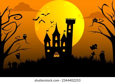 Halloween Haunted House or dark castle on orange sky background. Halloween symbols witch owl, pumpkin, full moon, ghost and flying bat.