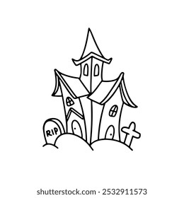 Halloween haunted house doodle icon. Hand drawn cartoon house, cemetery and tombstone. Trick or Treat. Vector outline illustration. For kids coloring book.