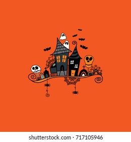 Halloween haunted house doodle vector illustration surrounded by skulls, bats, ghosts, cobwebs and swirls on an orange background.