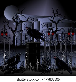 Halloween. Haunted house with fence and ravens. Hand drawn vector illustration