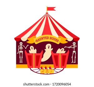 Halloween haunted house flat. Cartoon design horror house, scary ghost night party. Summer outdoor kid fun time. Magic and frightening amusement park festivals. Vector Isolated illustration