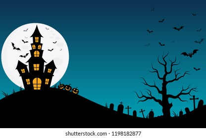 Halloween Haunted House And Full Moon With Ghost,horror Night Background.Vector Illustration