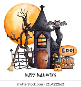 Halloween Haunted house with a full moon. Happy Halloween, Halloween element. Halloween decoration
