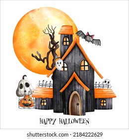 Halloween Haunted house with a full moon. Happy Halloween, watercolor vector illustration
