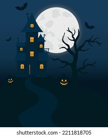 Halloween with haunted house, full moon, pumpkins and trees. Halloween house can be use as flyer, banner or poster for night parties.