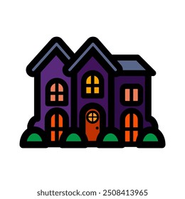 Casa assombrada de Halloween. mansão fantasma. Ilustração vetorial. Casa de hallowen e decoração plana. 