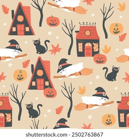 Halloween haunted house ghost seamless pattern vector illustration