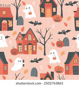 Halloween haunted house ghost trick or treat seamless pattern vector illustration